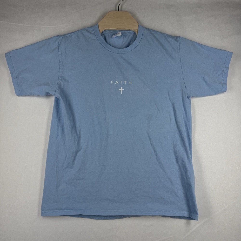 Port & Company Mens Large Blue Faith Cross Christian Graphic T Shirt 100% Cotton